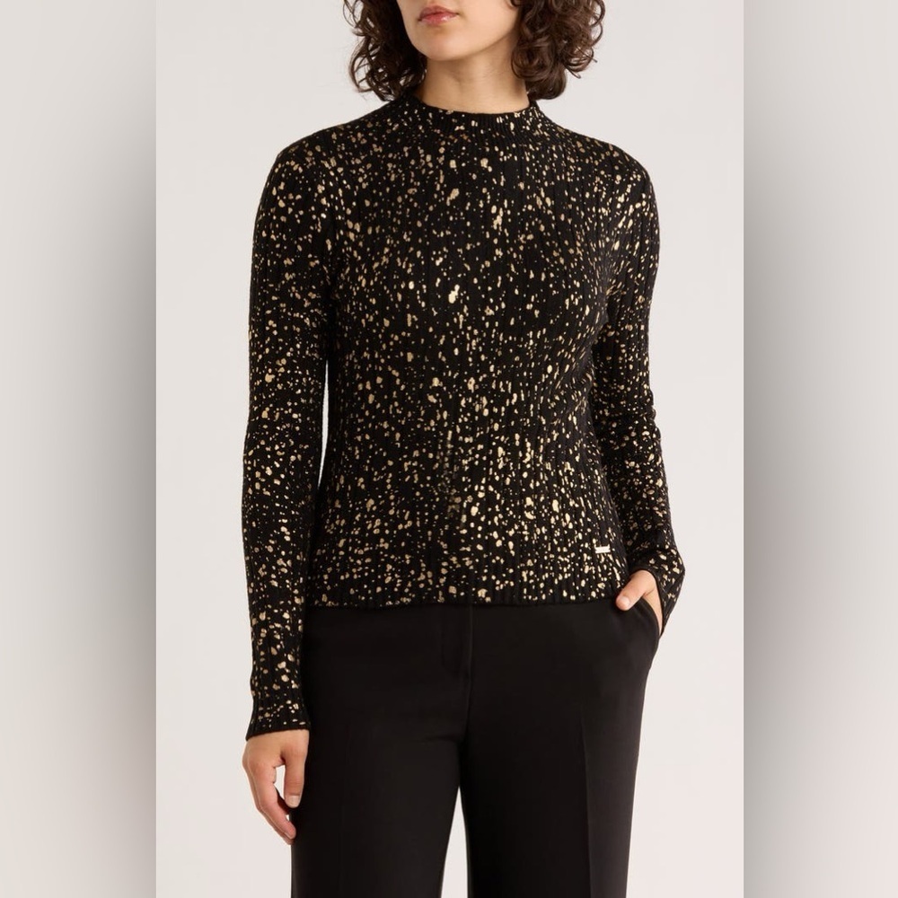 Jason Wu Metallic Dot Funnel Neck Sweater Black Gold Sz S